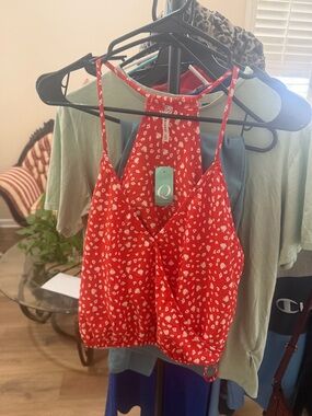 Red Floral Print Spaghetti Strap V-Neck Tank Top